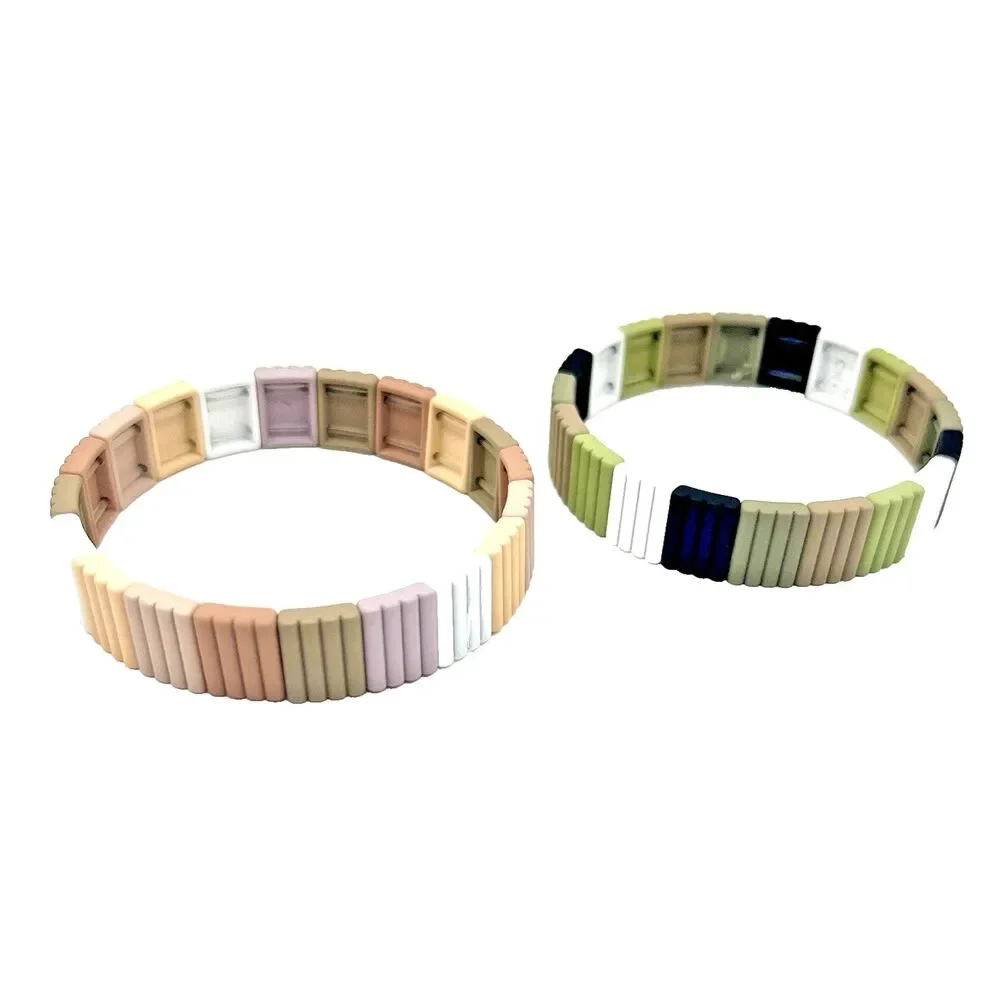Stretch Bracelet Pair Green Black White Round Women's Art Deco Design